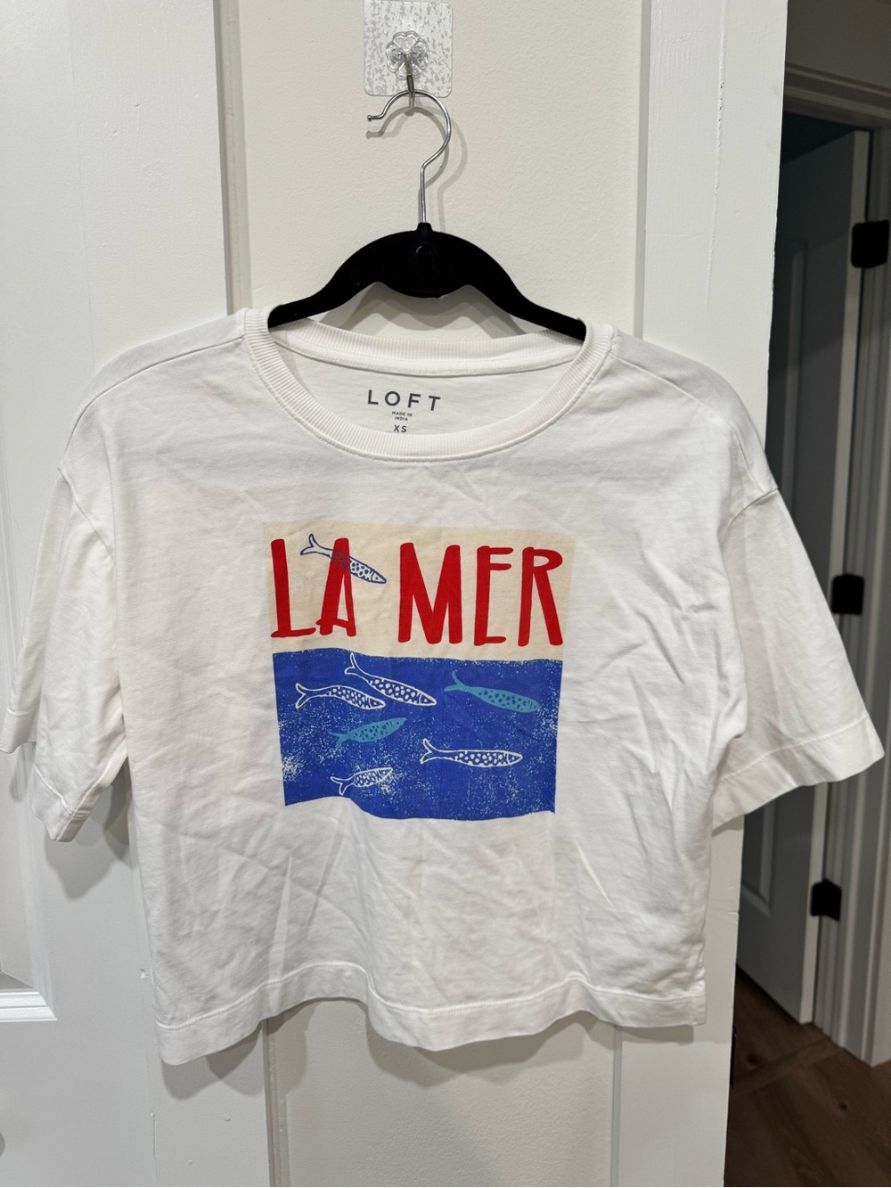 LOFT White Tee with Red LA MER Text and Blue Fish Graphic